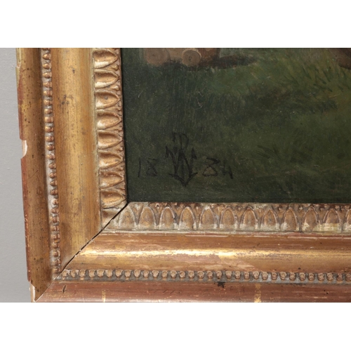 303 - A 19th century gilt framed oil on board depicting three children playing in the grass by a beach. Si... 