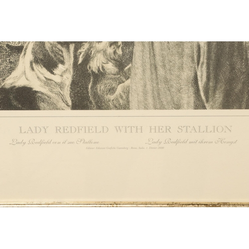 332 - A large framed print titled 'Lady Redfield with her Stallion' (50cm x 36cm).