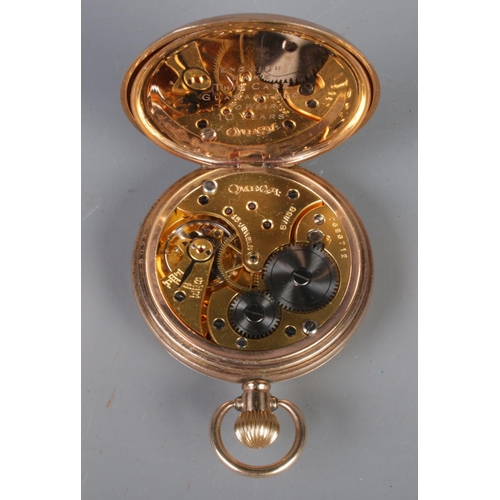 397 - A yellow metal Omega pocket watch. With roman numeral markers.