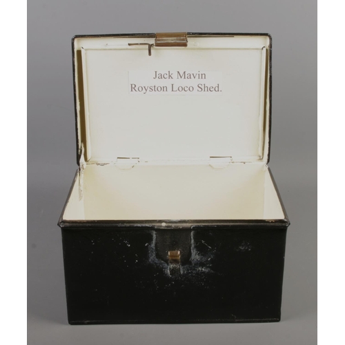 126 - A J. Duke Ltd. Ironmongers, Grismby hinged tin lunch box, with brass handle and plaque for J. Mavin ... 