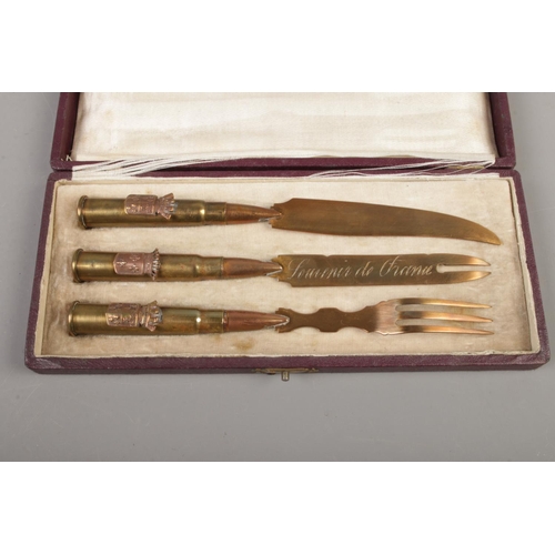 169 - A cased set of WWI trench art cutlery, from the training camp of Etaples, Northern France.