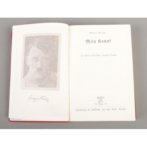 172 - A 1940 German transcript edition of Mein Kampf with red cloth covers and inside cover with printed p... 