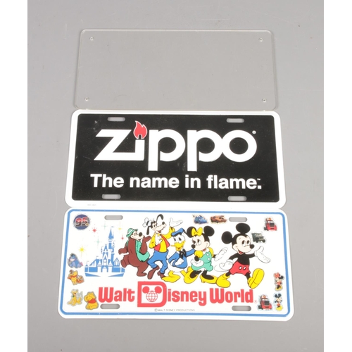 208 - Two US style novelty license plates to include Zippo and Walt Disney World.