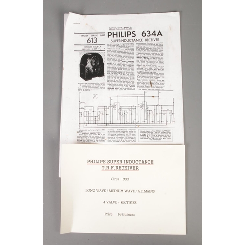 225 - A Philips 634A Super Inductance Receiver, circa 1933, with leaflet and information card.