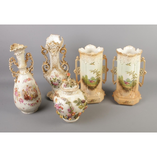 40 - A pair of Minster vases featuring pheasant decoration along with two other decorative floral vases a... 