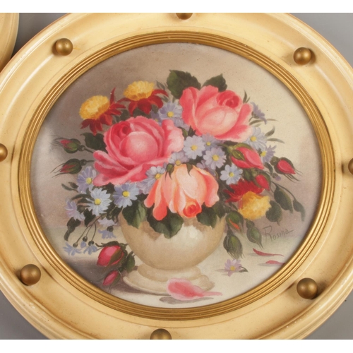 411 - Two floral still life oil on boards, signed Rosina and Marcia,  mounted in circular convex frames. A... 