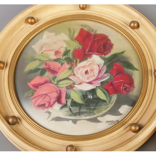 411 - Two floral still life oil on boards, signed Rosina and Marcia,  mounted in circular convex frames. A... 