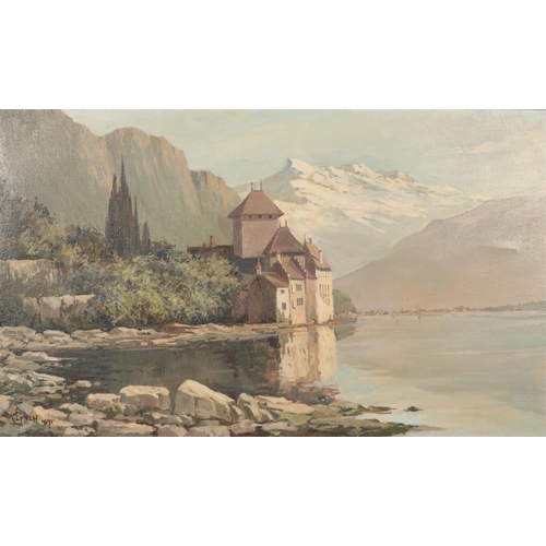 414 - A C. Lynch (dated 1997) oil on canvas depicting large building by a lake against a mountain range ba... 