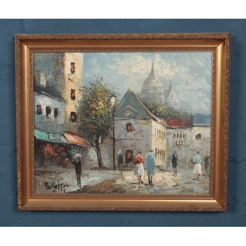 415 - A Caroline C. Burnett (1877-1950) gilt framed oil on canvas depicting Parisian street scene. Dimensi... 