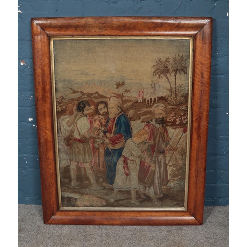 421 - A large 19th century framed needlepoint tapestry depicting a possible religious scene, dated 1850 by... 