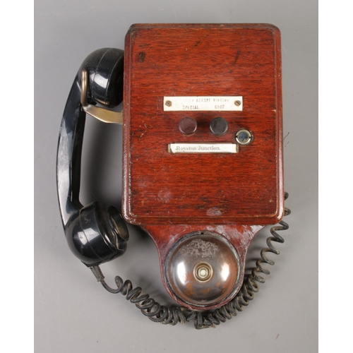 425 - A railway signal box telephone with receiver and bell; with plaque for Royston Junction and 'Listen ... 