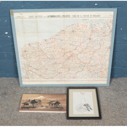 426 - A framed Carte Routiere Nord De Le France Automobiles and Cyclists map along with A Ducks Egg print ... 