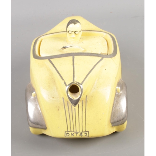 89 - An Art Deco 1930's Sadler novelty racing car teapot in yellow with chrome detailing. Number plate OK... 