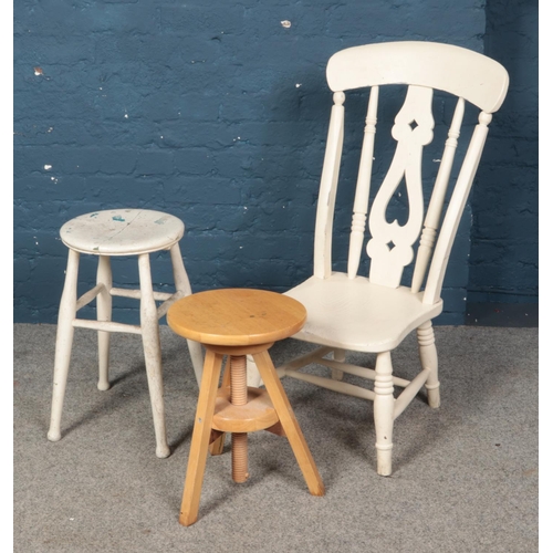 545 - A painted kitchen chair along with a painted stool and one other stool.