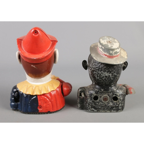 118 - Two painted novelty money boxes, to include clown example.  Both have lever at the back to move arm.