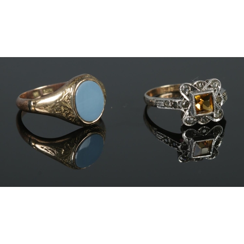 394 - A 9ct Gold signet ring, together with a 9ct Gold and Silver paste set ring. Sizes M and J.