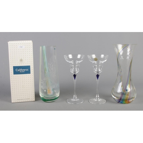 88 - Two Caithness vases, one with box, together with a pair of French Cristal d'Arques glasses.