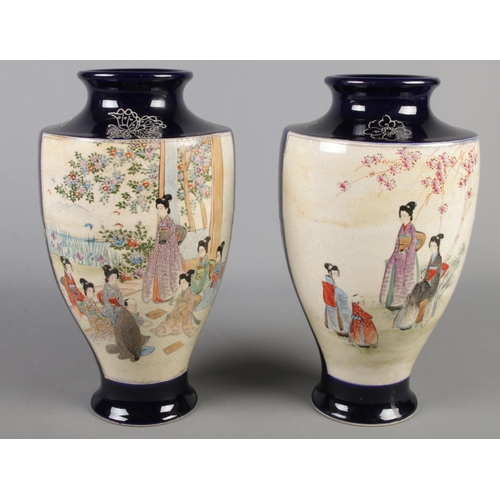 4 - A pair of large blue ground Japanese Satsuma style vases. Decorated with hand painted figures. (31cm... 