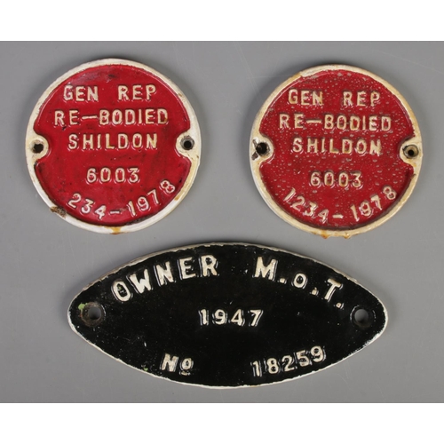 44 - Three cast iron railway plates. Including two 'Gen Rep Re-bodied Shildon 6003 234-1978', 'Owner M.o.... 