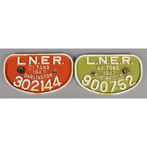 58 - Two cast iron L.N.E.R locomotive plates. Includes '21 Tons 1947 Darlington 302144' and '40 Tons 1937... 