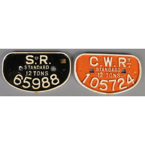 76 - Two cast iron locomotive plates. Including 'S.R. Standard 12 Tons 65988' and 'C.W.R. Standard 12 Ton... 