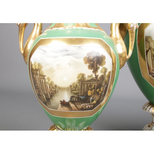 1 - A rare Rockingham garniture of three stork handled vases, possibly by William Willis Bailey. Green g... 