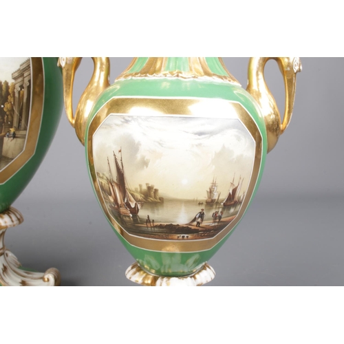 1 - A rare Rockingham garniture of three stork handled vases, possibly by William Willis Bailey. Green g... 