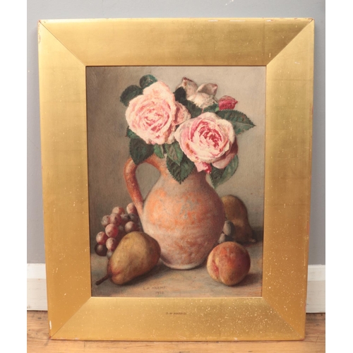 100 - George Walter Harris (1835-1912), gilt framed watercolour, still life with roses and fruit. Signed a... 