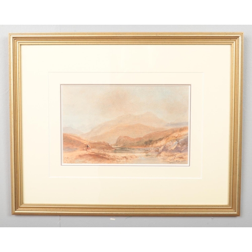 102 - David Cox (1783-1859), a gilt framed watercolour, highland landscape scene with a figure and dog. Si... 