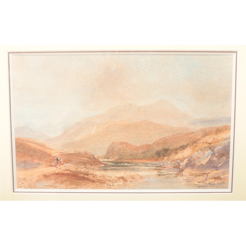 102 - David Cox (1783-1859), a gilt framed watercolour, highland landscape scene with a figure and dog. Si... 