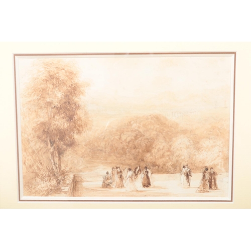 103 - David Cox (1783-1859), a gilt framed sepia watercolour, figures on the steps of Haddon Hall. 13.5cm ... 