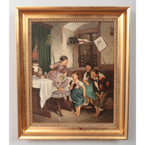 106 - A gilt framed oil on canvas, Continental interior scene with children at play. Signed indistinct. 31... 