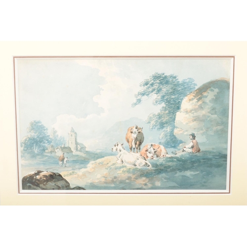 107 - Peter La Cave (c.1769-1811), a gilt framed watercolour, cattle and drover resting by a road. 15cm x ... 