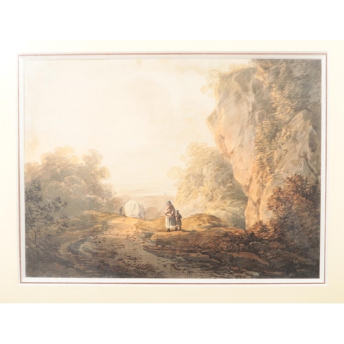 108 - William Payne (1760-1830), a gilt framed watercolour, landscape scene with covered wagon and figures... 