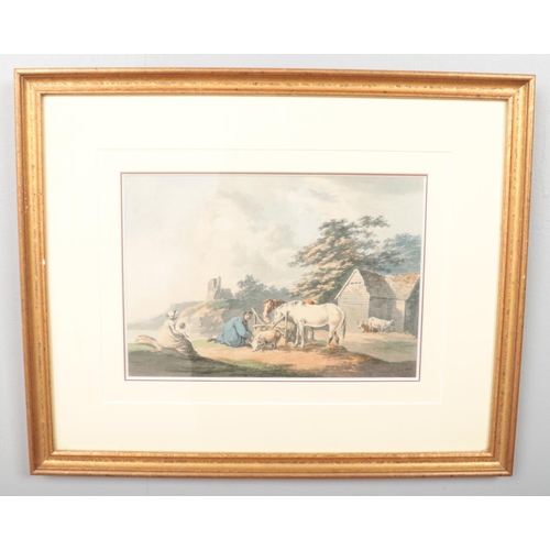 109 - Peter La Cave (c.1769-1811), a gilt framed watercolour, The Farm. Signed and dated 1808. Bearing The... 