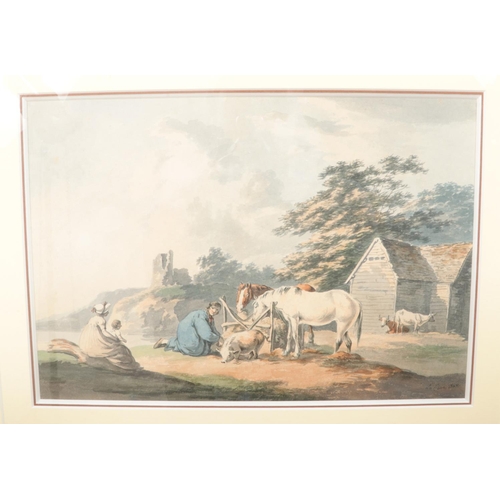 109 - Peter La Cave (c.1769-1811), a gilt framed watercolour, The Farm. Signed and dated 1808. Bearing The... 