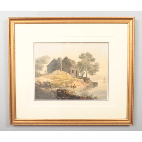 110 - William Payne (1760-1830), a gilt framed watercolour, coastal scene with a building and figures. Bea... 