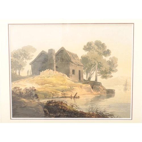 110 - William Payne (1760-1830), a gilt framed watercolour, coastal scene with a building and figures. Bea... 