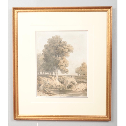 111 - John Varley (1778-1842), a gilt framed watercolour, landscape scene of a figure by a track leading t... 