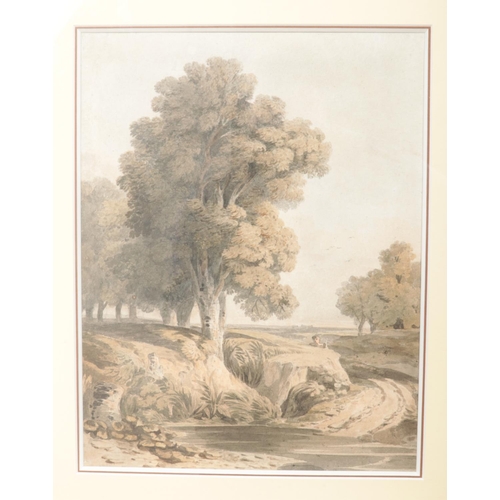 111 - John Varley (1778-1842), a gilt framed watercolour, landscape scene of a figure by a track leading t... 