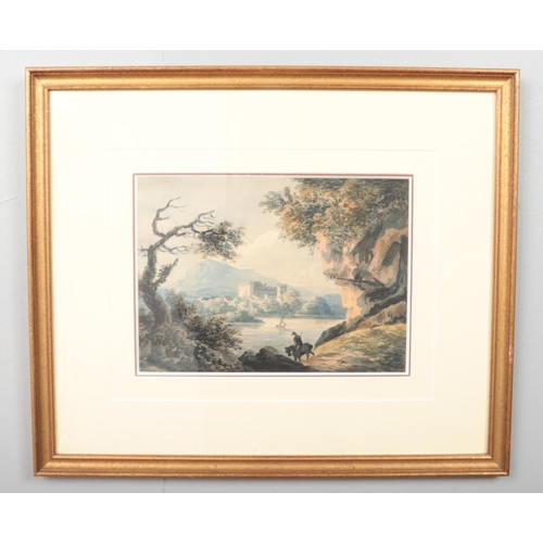 112 - William Payne (1760-1830), a gilt framed watercolour, landscape scene with a figure on horseback and... 