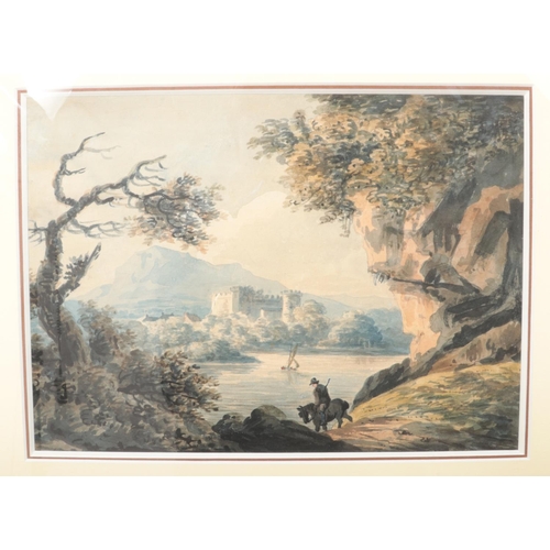 112 - William Payne (1760-1830), a gilt framed watercolour, landscape scene with a figure on horseback and... 