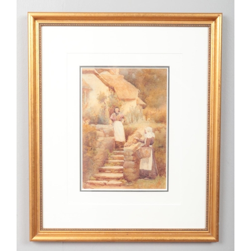 113 - A gilt framed Victorian watercolour, two ladies gossiping. 24.5cm x 17cm.