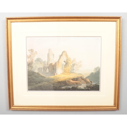 115 - William Payne (1760-1830), a gilt framed watercolour, landscape with ruined church and figures. Sign... 