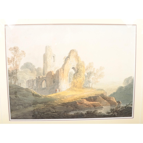 115 - William Payne (1760-1830), a gilt framed watercolour, landscape with ruined church and figures. Sign... 