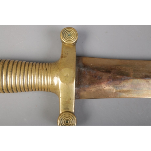 55 - A French 1831 model short sword with brass and leather scabbard. Bearing anchor mark to cross guard,... 