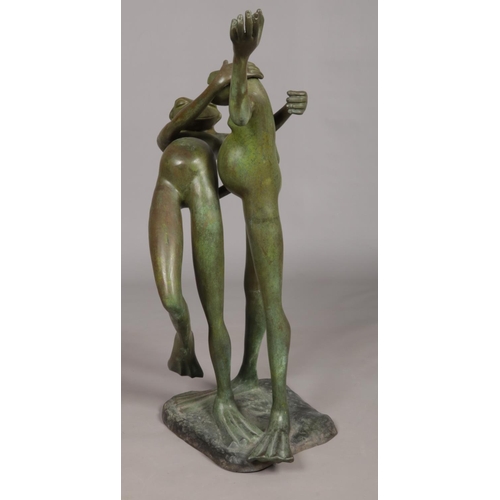 76 - David Meredith (Born 1973), a bronze sculpture modelled as a large pair of dancing frogs. 99cm.