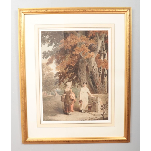 94 - Joshua Cristall (1767-1847), a large gilt framed watercolour, landscape scene with two young ladies ... 