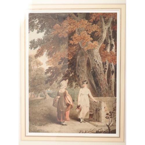 94 - Joshua Cristall (1767-1847), a large gilt framed watercolour, landscape scene with two young ladies ... 