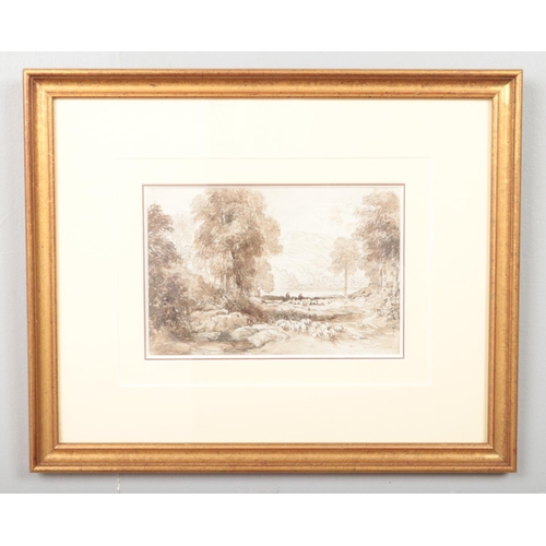 95 - David Cox (1783-1859), a gilt framed watercolour and charcoal drawing, Welsh landscape scene with sh... 